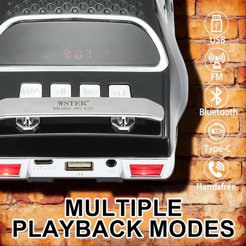 Vista 4 de Altavoz Bluetooth retro para automóvil con sonido estéreo HD, emparejamiento TWS, luces LED de fiesta, micrófono incorporado, altavoz Bluetooth