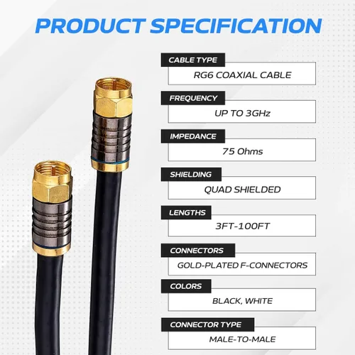 Vista 2 de Cables Direct Online 1 metro de cable coaxial negro RG6 con blindaje cuádruple, cable de extensión con pin F y BNC para plato satelital, televisión