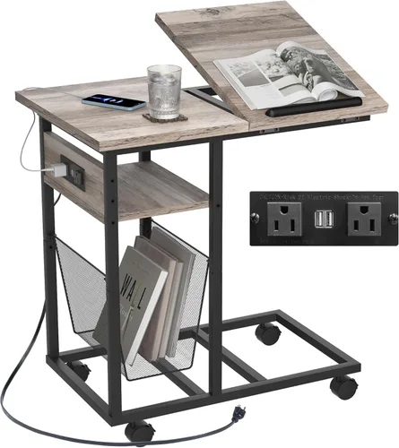 Vista 8 de FLYJOE Mesa auxiliar estrecha con revistero de piel sintética, estilo rústico, delgado, para sala de estar, dormitorio, sofá, color negro