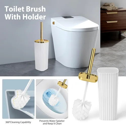 Vista 6 de Juego de accesorios de baño, juego de cortina de ducha, cepillo de inodoro, bote de basura y dispensador de jabón (blanco 2, plástico)