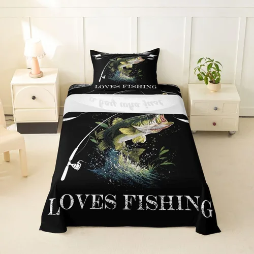 Erosebridal Fishing Bed Sheets Twin Men Bass Fish Bedding Set for Kids Boys Fisherman Hunting and Fishing Flat Fitted Sheet Pike Fish Rustic Cabin