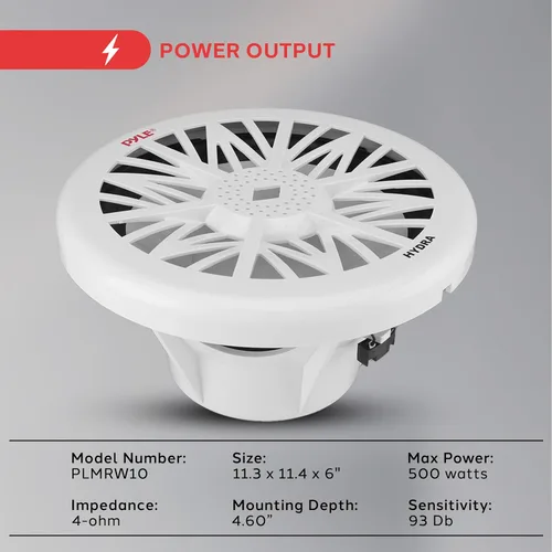 Vista 5 de Pyle Subwoofer de audio marino para exteriores de 10 pulgadas, altavoz de graves blanco impermeable de 500 vatios para sistema de sonido estéreo