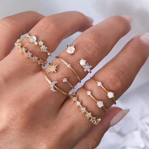 Vista 2 de Harry and Henry Anillos apilables para adolescentes, regalos de moda, juego de anillos simples de estrella y luna, anillos bohemios lindos