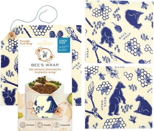 Bee's Wrap Envolturas de cera de abejas para alimentos, paquete de 3 envolturas surtidas de cera de abeja, 2 envolturas medianas y sándwiches, sin