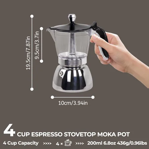 Vista 3 de Cafetera de acero inoxidable de cristal transparente Moka Pot 4 Vidrio claro