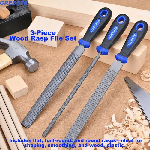 Vista 8 de GREBSTK Juego de limas de madera de 12 pulgadas con agarre de goma, raspador de corte de madera, juego de 3 piezas, redondo, medio redondo, raspa