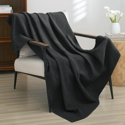 PHF Manta de Tiro de Tejido Gofre 100% Algodón 50" x 60" - Ligera Lavada Suave Transpirable para Adultos y Niños - Capa Perfecta para Sofá Cama Negro
