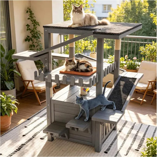 45.1" 4-Tier Outdoor Cat House Weatherproof Cat Tree Tower with Waterproof Roof, 2 Escape Doors & Removable Floors, Feral Cat Shelter for Multi-Cat