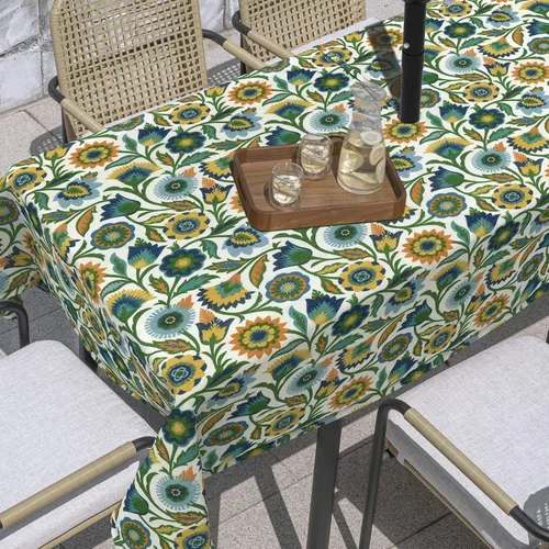 Vista 9 de Outdoor/Indoor Round Tablecloth with Umbrella Hole Zipper, Decorative Circular Table Cover for Home Garden, 60 Inch, Azure Bloom