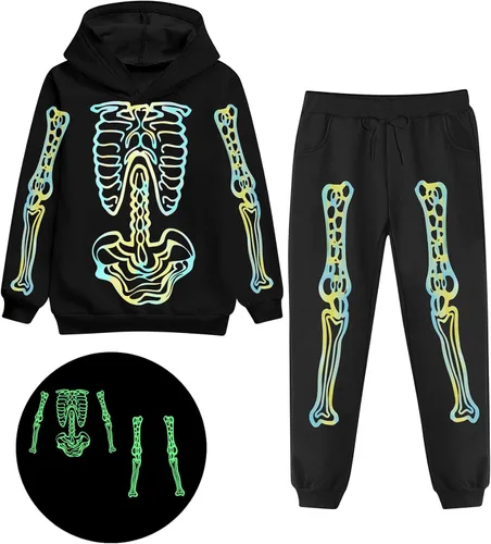 TUONROAD 5-12 Years Boys Girls Halloween Outfits Kid's Skeleton Glow-in-The-Dark Hoodie Pants Set