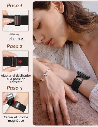 Vista 6 de Minyee Correa magnética elástica compatible con Apple Watch Band de 38/40/41/42/44/45/46/1.929 in para mujer, correa de metal en forma de C