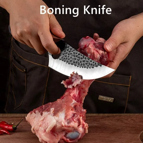 Vista 6 de Huusk - Cuchillo vikingo forjado a mano con vaina, cuchillos de carnicero japonés, cuchillo de chef cavernario para el hogar o campamento, regalos