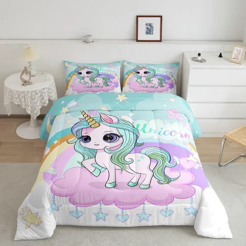 Vista 12 de Feelyou Lindo edredón de unicornio arcoíris tamaño individual, edredón de unicornio lindo para niñas pequeñas arco iris, estrella, galaxia