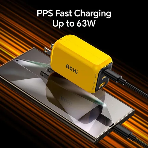 Vista 5 de AOHI Bloque de cargador USB C GaN+ de 65 W para jóvenes, 3 puertos PPS tipo C, compacto y plegable, cargador de pared para MacBook Pro/Air, iPad