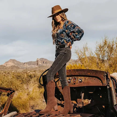 Vista 3 de SHIBEVER Botas vaqueras para mujer 2025 botas vaqueras negras a media pantorrilla, botas vaqueras bordadas occidentales de tacón alto con punta