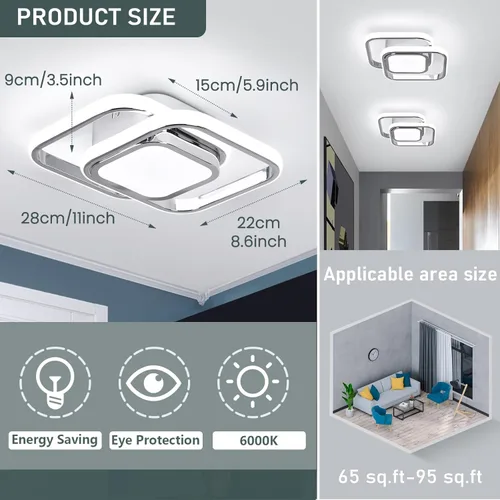 Vista 2 de CANEOE Lámpara de Techo Cuadrada para Pasillo, 6000K Blanco Frío Luz de Techo Moderna de Montaje al Ras, Accesorios de Iluminación LED Cromados