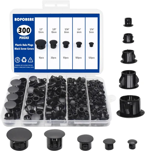 300 PCS tapones para agujeros de plástico de 5 tamaños, color negro 3/16, 1/4, 5/16, 3/8, 1/2 pulgadas, agujero redondo, tipo encaje a presión con