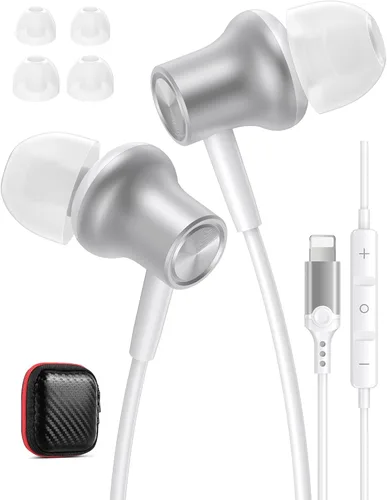 Vista 10 de iMangoo Diseño para auriculares con cable certificados MFi de Apple para audífonos Lightning, auriculares de alambre magnético con cable