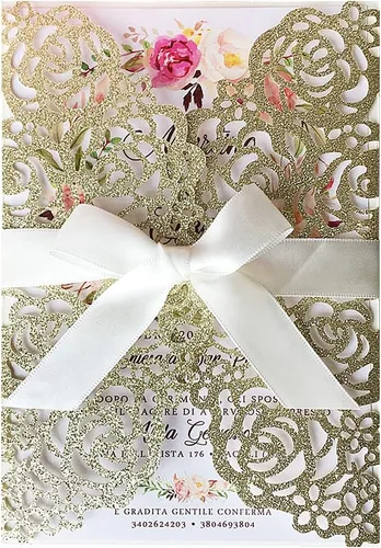Vista 9 de 50 tarjetas de invitación de boda doradas de 5.12 x 7.28 pulgadas con lazo burdeos cortado con láser, invitación para despedida de soltera Purpurina