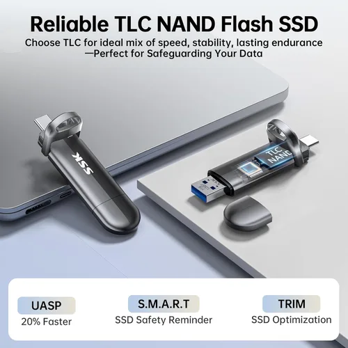 Vista 5 de SSK Unidad flash USB de estado sólido de 1 TB, SSD externo de hasta 1000 MB/s, puerto dual USB 3.2 Tipo-C/A, SSD portátil en aleación de zinc Thumb