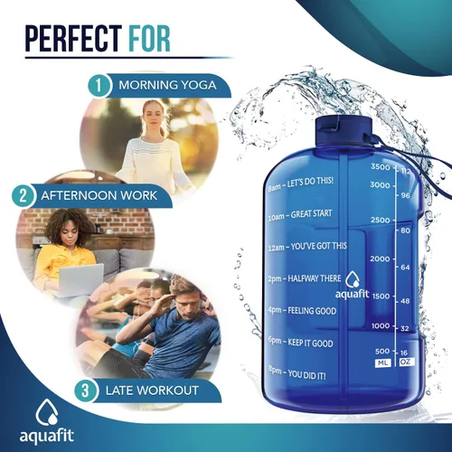 Vista 5 de AQUAFIT Botella de agua de 1 galón con marcador de tiempo, botella de agua de 128 onzas con popote, botella de agua para gimnasio con correa
