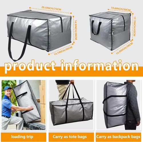 Vista 2 de Bolsas de almacenamiento para mudanzas, suministros de mudanza extra grandes, bolsas ahorradoras de espacio con cremallera, 4 bolsos con correas