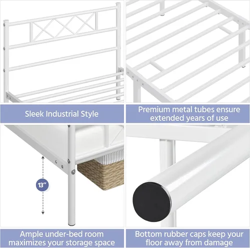 Vista 5 de Topeakmart Base de cama individual blanca, plataforma de metal con cabecera y estribo, base de colchón, no necesita somier, con almacenamiento