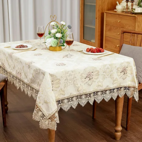Vista 2 de OOKSEN Mantel rectangular de encaje estilo rústico de granja, mantel jacquard bordado vintage oblongo, para cocina, comedor, Navidad, boda, fiesta