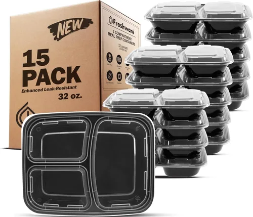 Vista 14 de Freshware Contenedores de preparación de comidas [21 unidades] 3 compartimentos con tapas, contenedores de almacenamiento de alimentos, caja Bento