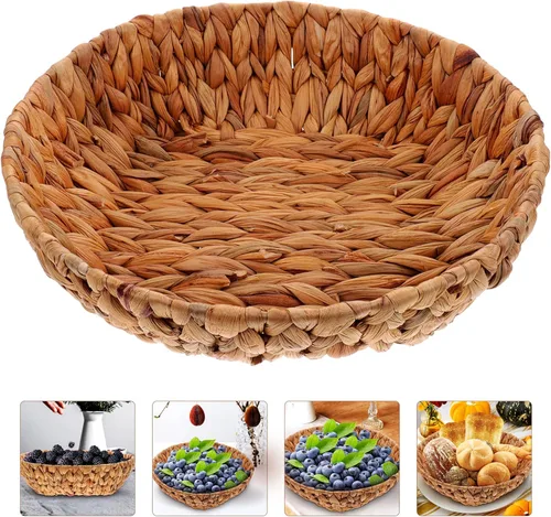 Vista 2 de Cestas de mimbre para pan, cestas de pan redondas vintage para servir alimentos, bandejas tejidas de ratán, soporte para llaves, cuenco