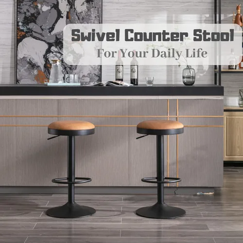 Vista 4 de Taburetes de bar sin espalda, juego de 3 taburetes de bar redondos ajustables para encimera de cocina, taburete giratorio de altura de barra, silla