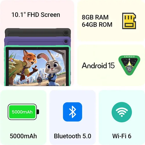 Vista 3 de ApoloMedia Tableta para niños, 10.1 pulgadas HD Android 15, 64 GB de almacenamiento, 8 GB de RAM, modo de protección ocular, batería de 10 horas