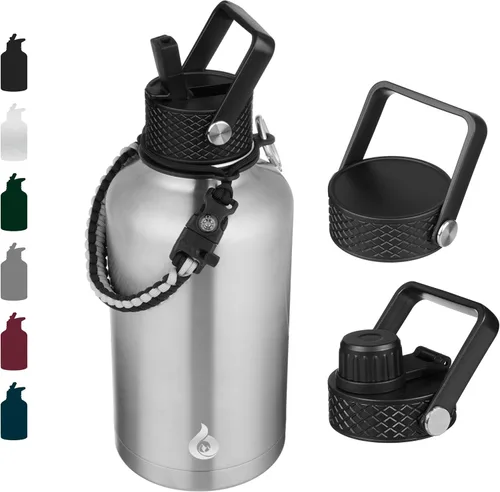 Vista 108 de BJPKPK - Botellas de agua aisladas con tapa de popote, botella de agua de acero inoxidable de 27 onzas con 3 tapas, termo de metal libre de BPA a