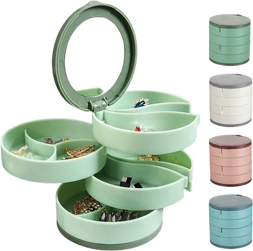 Caja de almacenamiento de joyería giratoria de 4 capas, almacenamiento de aretes giratorio de 4 capas con espejo, joyero pequeño para mujer,