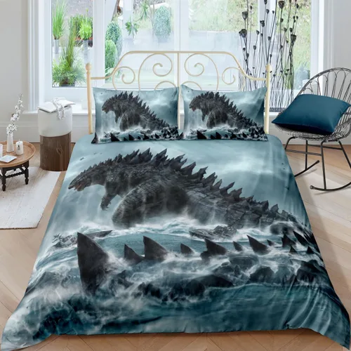 Vista 23 de Juego de funda de edredón para niños, tamaño individual, dinosaurio, funda de edredón 3D en negro y blanco para hombres, de microfibra, 1 pieza