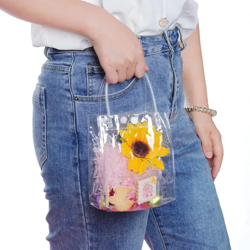 Vista 7 de 25 bolsas de regalo de PVC transparente con asas, bolsa de plástico pequeña, envoltura de regalo transparente reutilizable / bolsas de compras