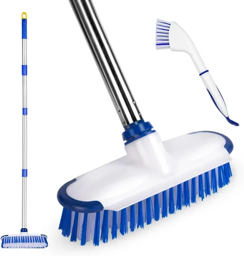 ITTAHO Cepillo de limpieza de suelo con mango largo, cepillo 2 en 1, escoba de cerdas rígidas y cepillo de limpieza para suelos de azulejos,