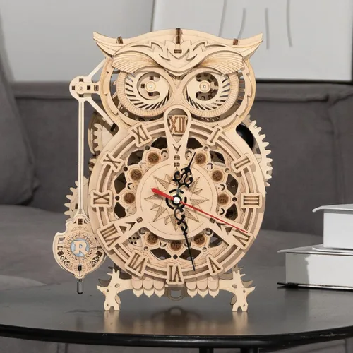 ROKR Rompecabezas de madera 3D para adultos, kits de reloj mecánico, reloj de búho, kits de construcción de modelos de bricolaje, rompecabezas