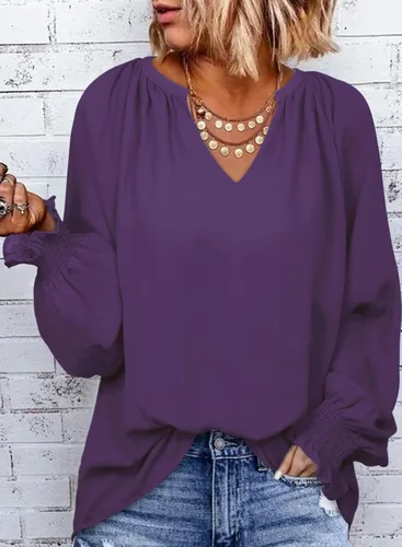 Vista 2 de Dokotoo Blusas de gasa para mujer, de manga larga, fruncidas, cuello en V, estilo casual