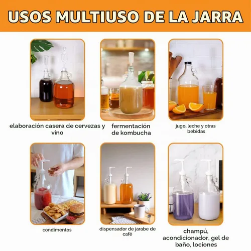 Vista 9 de Jarra de vidrio de 1 galón con cierre de aire, tapa de Polyseal negro y moño de goma #6.5 Clear Fermentation Jug for beer, wine, cider, mead and