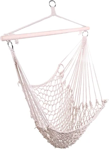 Hamaca colgante al aire libre con cuerda de algodón y barra de madera, macramé beige, silla grande de aire/cielo, porche, capacidad de 250 libras