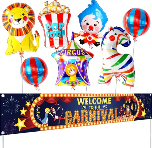 Globos de circo para decoraciones de circo, paquete de 7 con pancarta de bienvenida al carnaval, grande, 120 x 20 pulgadas, letreros de carnaval