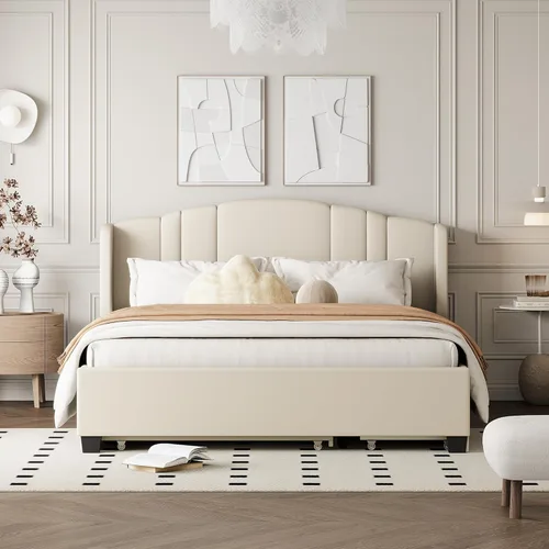 Vista 115 de Elegante cama con plataforma tapizada de terciopelo de tamaño Queen con cabecero, para niños, niñas y adolescentes (beige @cabecero/, Queen)
