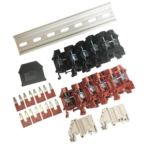 Vista 3 de Kit de ensamblaje Dinkle DK10N rojo/negro de 10 grupos con puentes, bloques terminales de riel DIN, 6-20 AWG, 60 amperios, 600 voltios UL reconocido