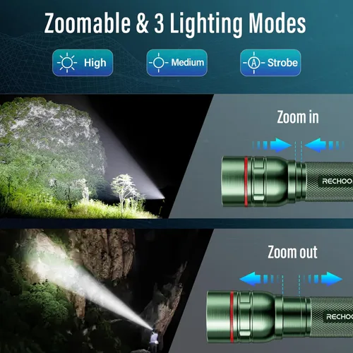 Vista 3 de Linternas recargables de alto lúmenes, luz de flash súper brillante G1000, pequeña linterna LED con zoom con 3 modos de iluminación, linterna Verde