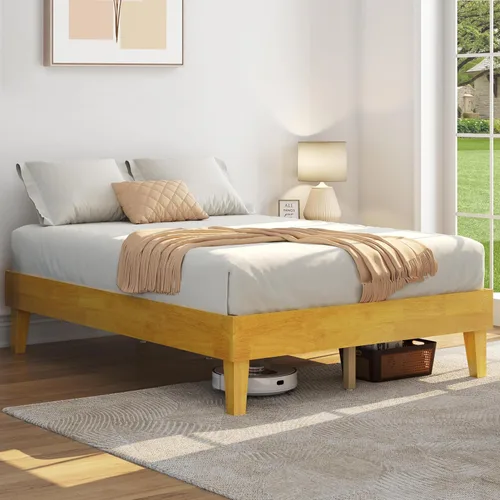 Vista 12 de Yaheetech Base de cama matrimonial con plataforma de madera maciza natural con soporte de listones de madera, espacio debajo de la cama de 12 Nogal