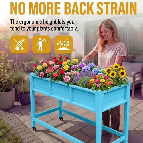 Vista 7 de DWVO Cama de jardín elevada de polietileno de alta densidad de 47 x 18 x 31 pulgadas, resistente a la intemperie, maceta con patas y ruedas