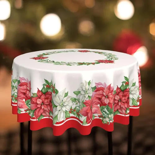 Vista 2 de SuQKXCo Mantel Redondo de Navidad de 60 Pulgadas Poinsettia Acebo Rojo y Blanco Mantel de Navidad Impermeable Paño de Mesa Lavable Cubierta de Mesa