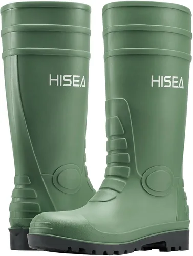 Vista 3 de HISEA Botas de lluvia para hombre con vástago de acero, calzado protector de goma impermeable, botas de lluvia de PVC sin costuras, botas de trabajo