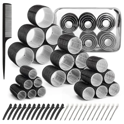 Juego de rodillos de pelo de 4 tamaños con clips, 50 rodillos para rizadores de pelo para mujer, rodillo de agarre automático para cabello largo,